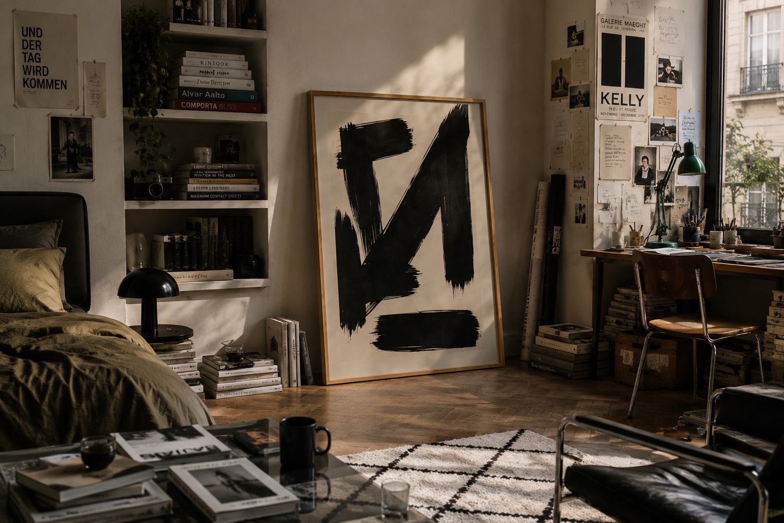 Gerahmter Kunstdruck, an die Wand eines Apartments gelehnt