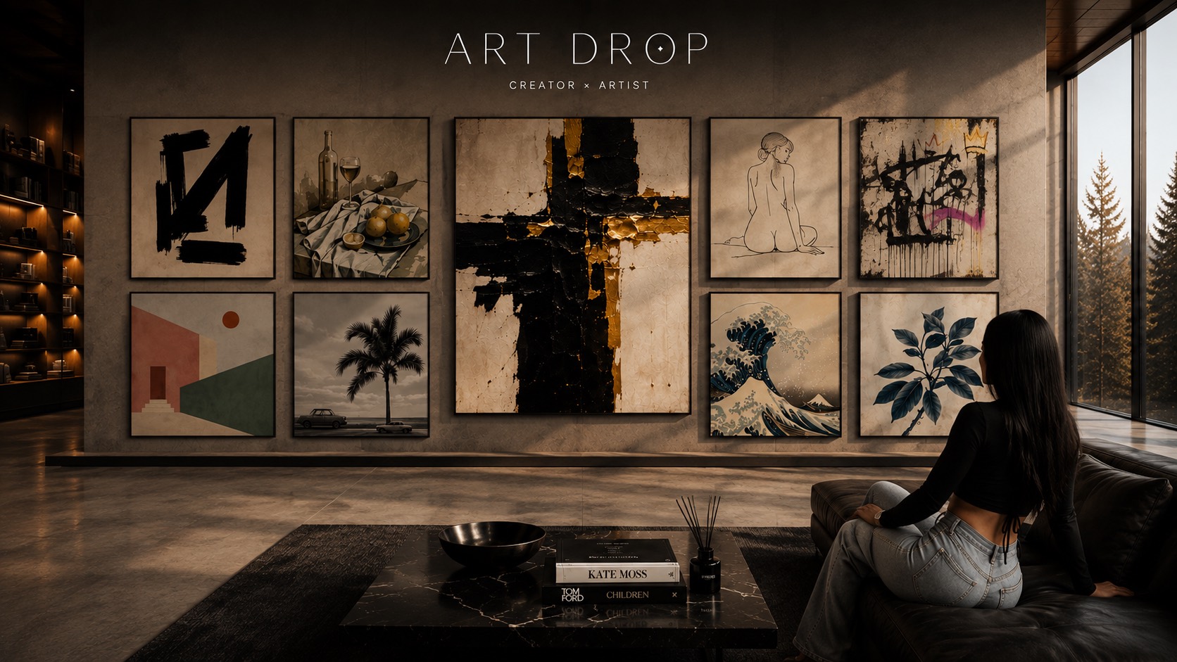 Wohnraum mit einer kuratierten Wand aus gerahmten ART DROP Editionen