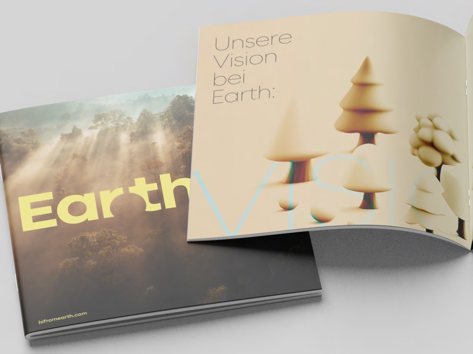Aufgeschlagene Earth Broschüre mit dem Kapitel „Unsere Vision bei Earth“