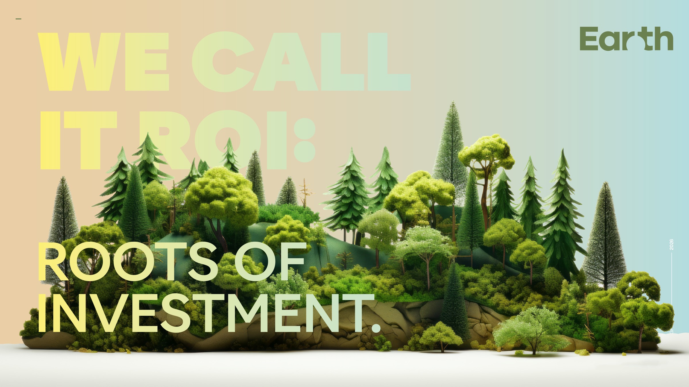 Keyvisual mit 3D-Waldinsel und der Aussage „We call it ROI: Roots of Investment.“