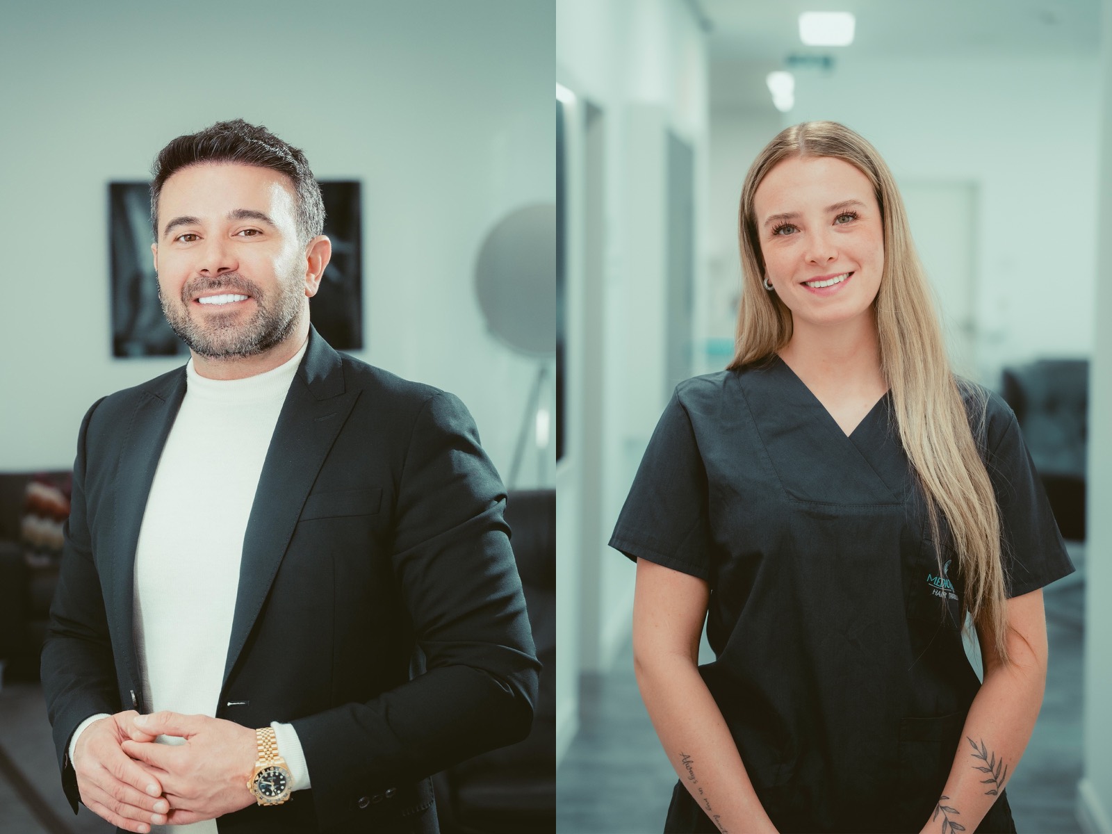 Porträts von Arzt und Mitarbeiterin in den Räumen der Klinik