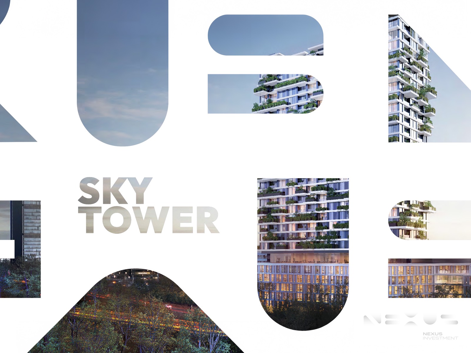 Typografische Collage „Sky Tower“ mit Architekturaufnahmen in den Buchstaben