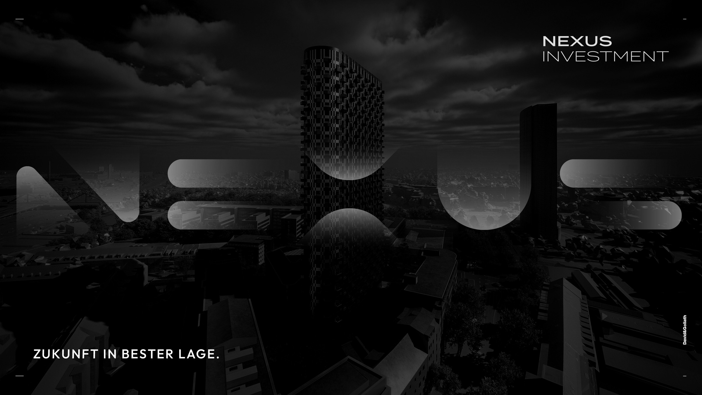 Dunkles Keyvisual mit NEXUS Schriftzug über der Skyline und dem Claim „Zukunft in bester Lage.“