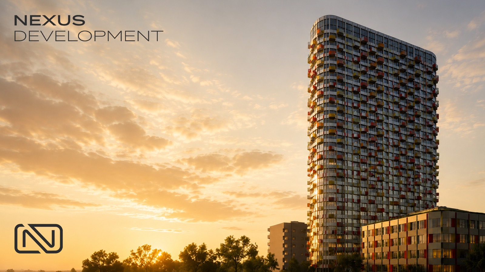 Rendering des NEXUS Development Hochhauses im Abendlicht mit Bildmarke
