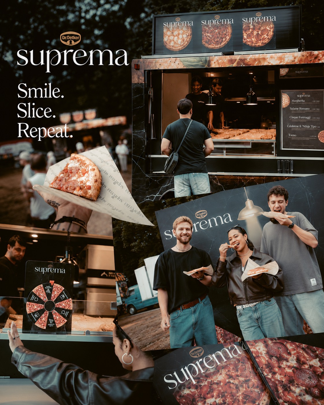 Collage der Suprema Pop-up Experience: Foodtruck, Motive und ein Stück Pizza