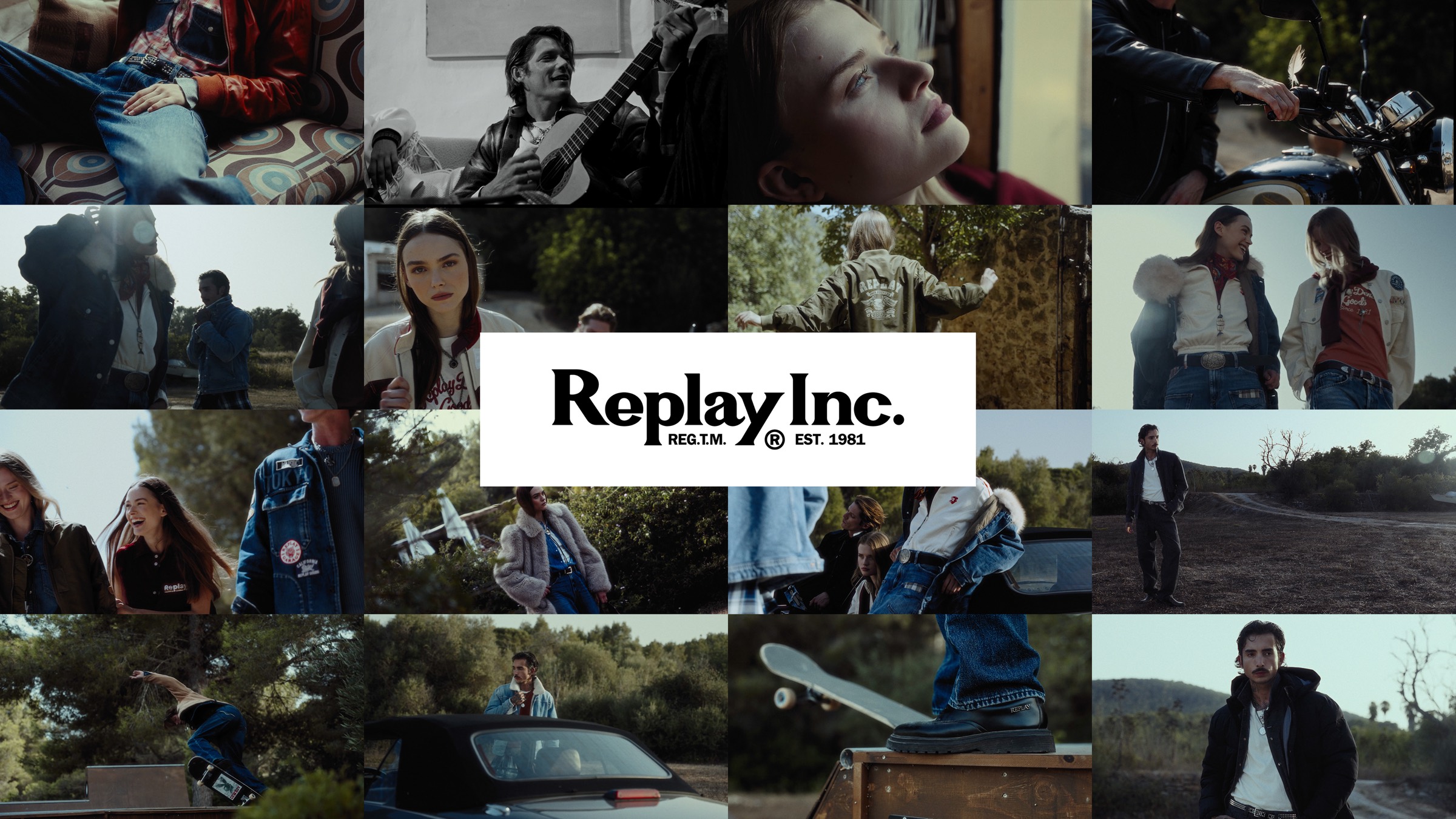 Raster aus Kampagnen-Stills rund um das Replay Inc. Logo