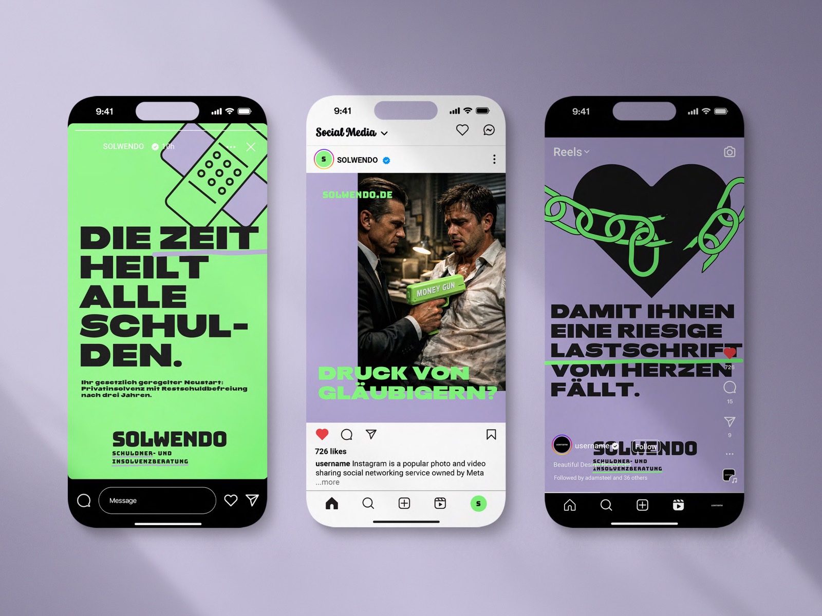Drei Smartphone-Ansichten mit SOLWENDO Motiven für Social Media